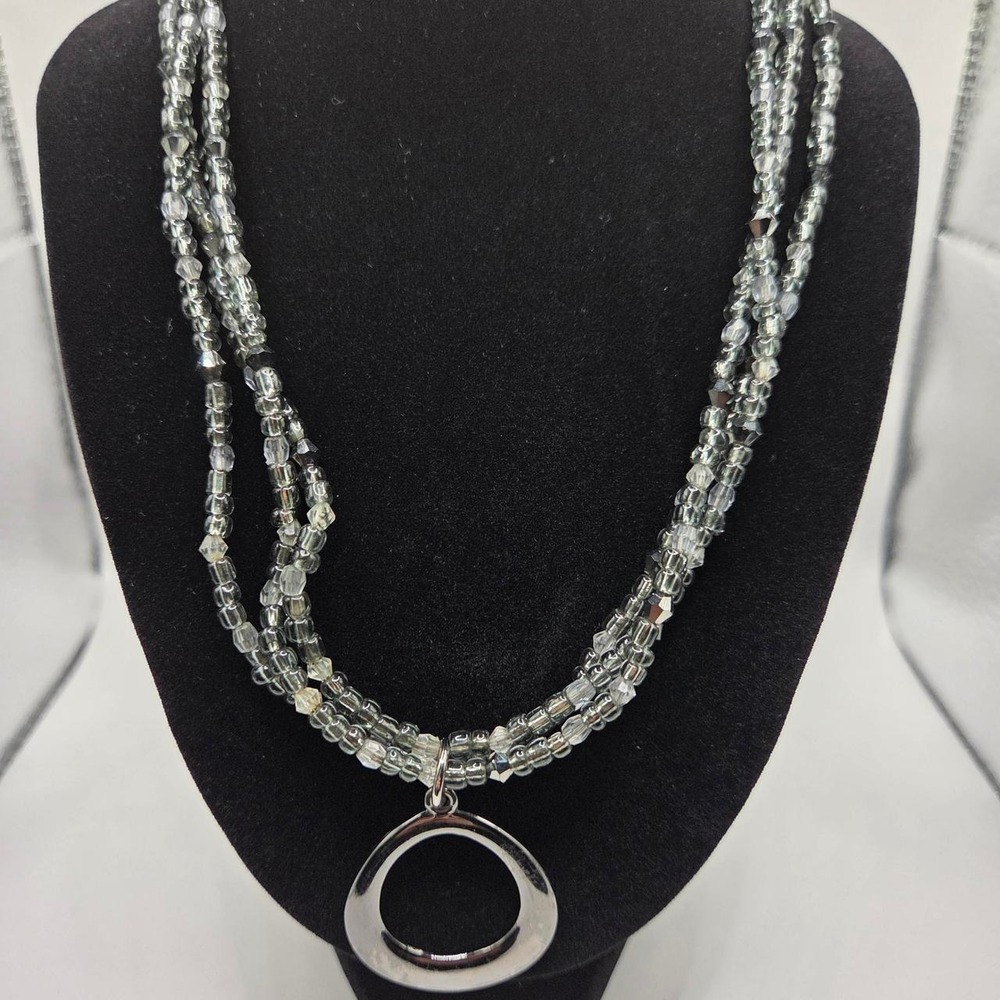 Multi Strand Clear Gray Faceted Bead Necklace Circle Pendant Silver Tone